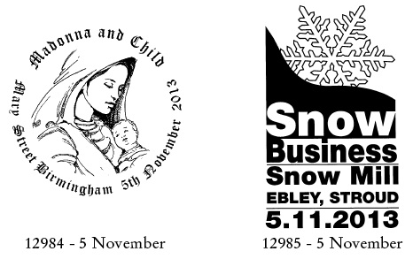 Christmas postmarks from Birmingham and Snow Mill.