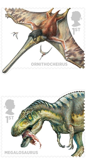 Dinosaur stamps ornithoceirus and megalosaurus.
