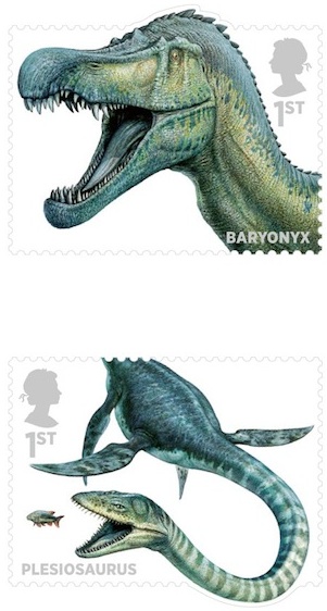 Dinoasaur stamps - Baryonyxand and plesiosaurus.