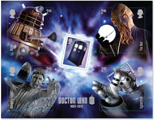 Miniature sheet of Doctor Who stamps.