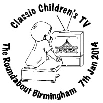 Postmark showing child watching television.