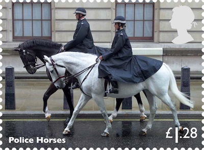 Stamp showing 2 police horses.