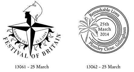 Postmarks illustrated with Festival of Britain logo and palm tree.