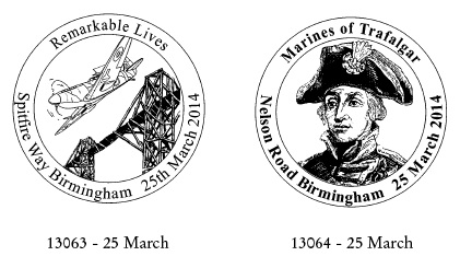 Postmarks illustrated with spitfire, and portrait of Lord Nelson.