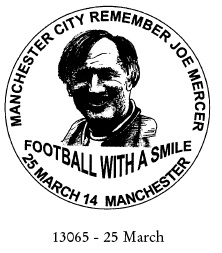 Postmark with portrait  of Joe Mercer.