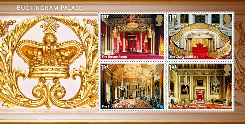 Miniature sheet of 4 stamps showing Buckingham Palace interior.