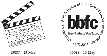 Two first day postmarks for Great British Films, one showing clapperboard.