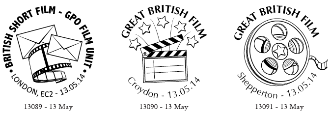 Three special postmarks for Great British Flms, sowing reel of film clapperboard and letters and film.