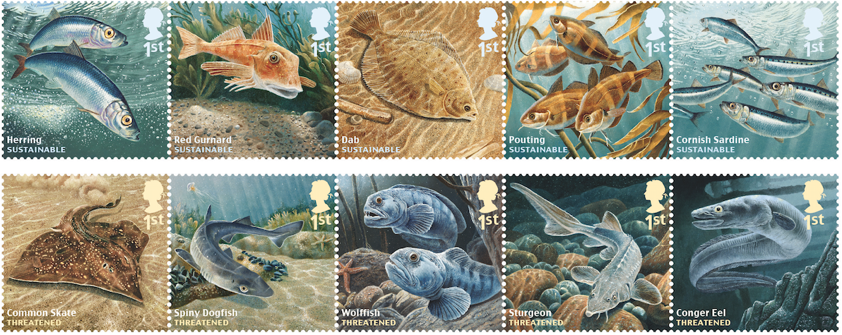 Set of 10 Sustainable Fish stamps.