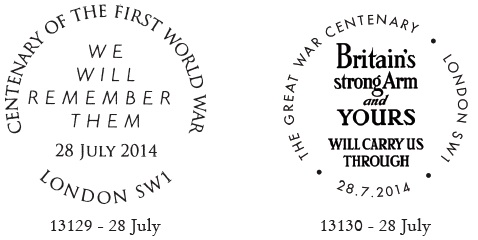 FD Postmarks for Great War stamps 28-7-14.