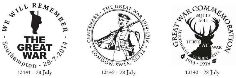 Special postmarks for Great War stamps 2014.
