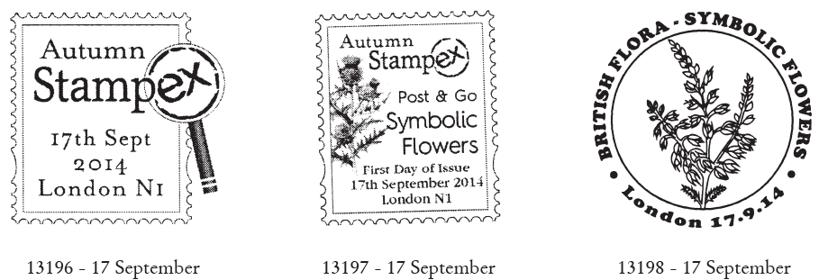 London Postmark showing heatehr and Stampex postmarks for Symbolic Flowers stamps.