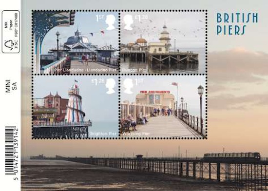 Miniature sheet of 4 stamps depicting seasode piers.