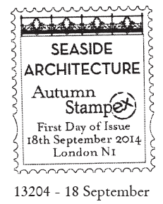 Stampex first day postmark for Seaside Architecture stamps.