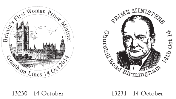 Grantham and Birmingham postmarks for Prime Ministers stamps.
