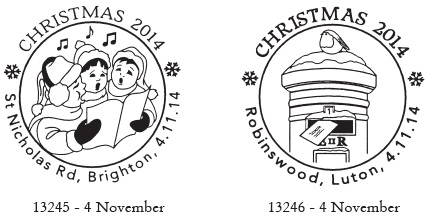 Christmas stamp postmarks, Carol Singers and Postbox.