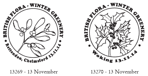 Wintre Greenery first day postmarks showing mistletoe and holly.