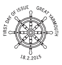Great Yarmouth first day postmark showing ship's wheel.