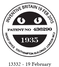 Cats-eyes on Patent Office postmark for Inventive Britain stamps.