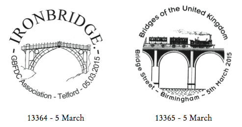 Postmarks of Ironbridge and a railway viaduct.
