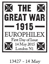 Europhilex first day postmark for Great War stamps.