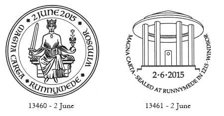 Postmarks showing seal of King John, and Runnymede memorial.