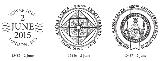 Three postmarks for Magna Carta stamps.
