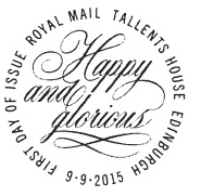 Postmark with text 'Happy and Glorious'.