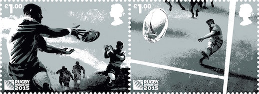 Rugby World Cup 2015 £1 stamps Pass and Drop Goal.