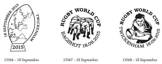 Three Rugby World Cup postmarks - scrum, player and ball/trophy.