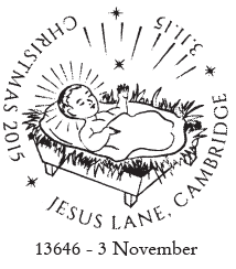 Postmark showing infant Jesus in manger.