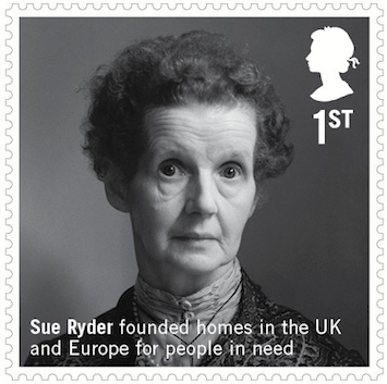 1st class stamp showing Sue Ryder.