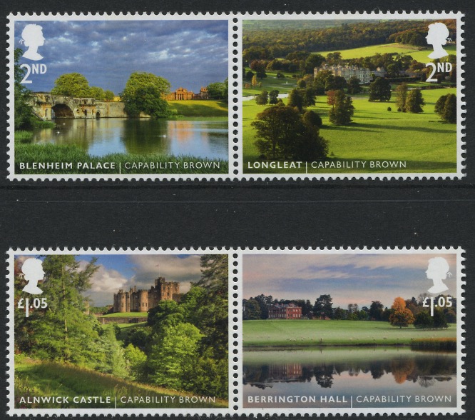 Capability Brown Stamps - pair of 2nd class and pair of £1-05.