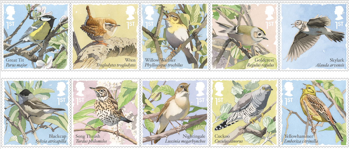 Set of 10 Songbirds stamps.