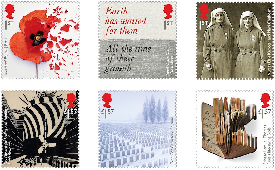 Set of 6 stamps marking centenary of world war 1.