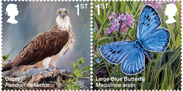 1st class stamps showing an Osprey and a Large Blue Butterfly.