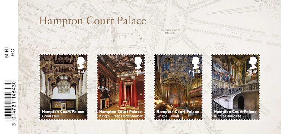 Miniature sheet of 4 stamps showing interior of Hampton Court.