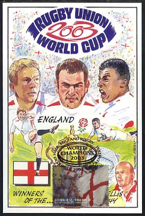 Rugby Union World Cup postcard with 28p stamp from sheet cancelled with World Champions postmark L8934