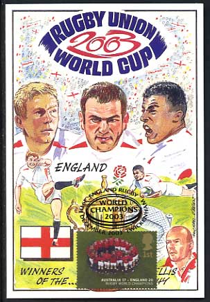 Rugby Union World Cup postcard with 28p stamp from sheet cancelled with World Champions postmark L8934