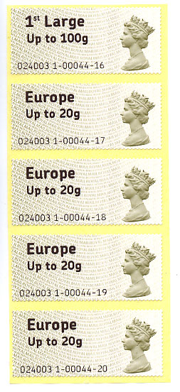 Strip of 5 Faststamps from Ludgate Circus on day of issue.