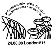 postmark showing part of National Stadium Beijing and	part of the London Eye.